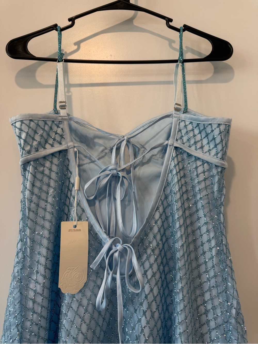 NWT For Love & Lemons Blue Glitter Mesh Mini Slip Dress Rhinestone Fishnet - Picture 6 of 8